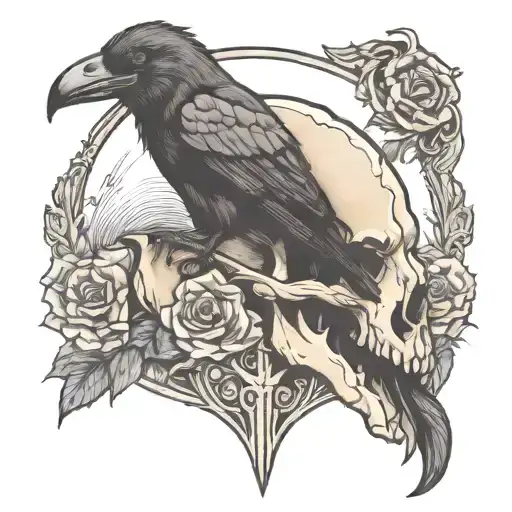 Buffalo Skull With A Crow Perched Regally