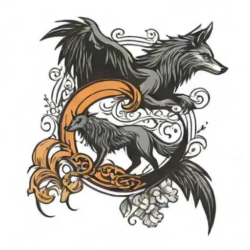Crescent Moon And Wolf And Phoenix