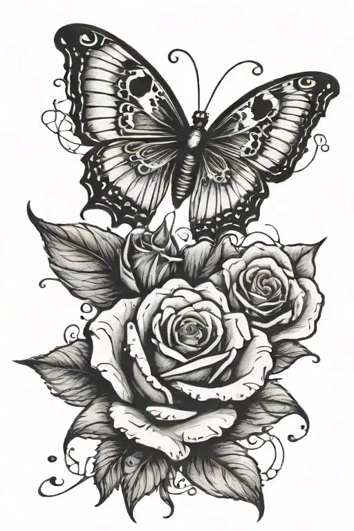 Butterfly With A Rose Incorporated On The Left Wing With Petals Falling From It