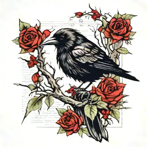 Raven Eye Tattoo Newspaper Clipping With Teardrop On Branches With Thorns And Red Flowers