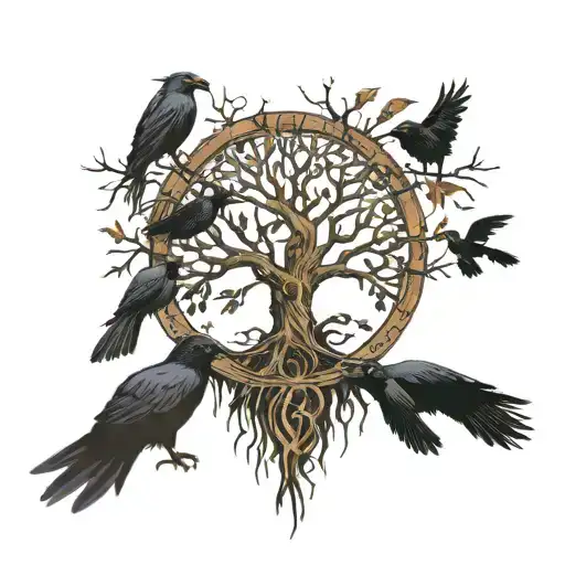 Tree Of Life Half Dead Half Alive With Crows And Roots Growing Into A Mouth