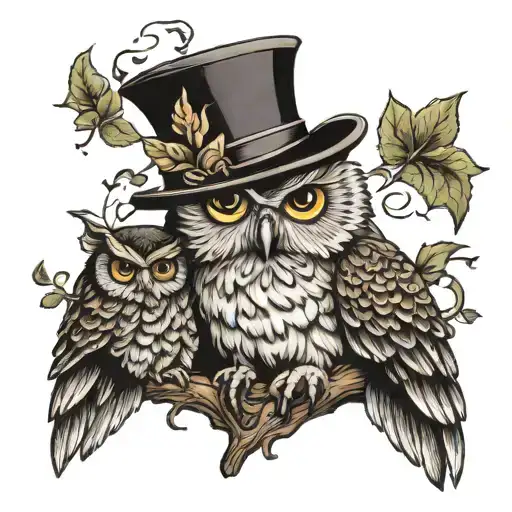 Dandy Owl Perched On A Branch With A Tophat
