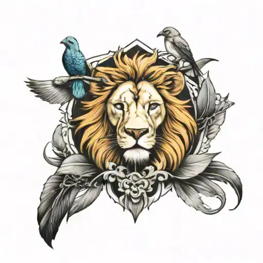 Lion With 3 Birds Perched Atop