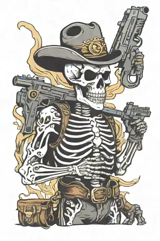 Western Style Skeleton With Guns And Smoke And Gold