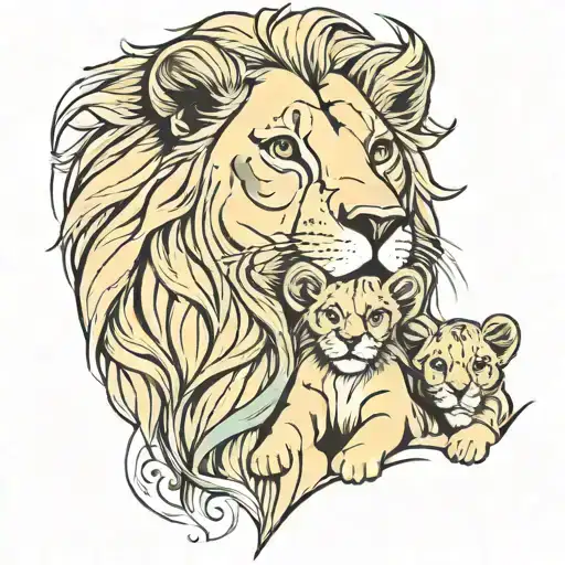 Fine Line Mother Lion And Cub Lion