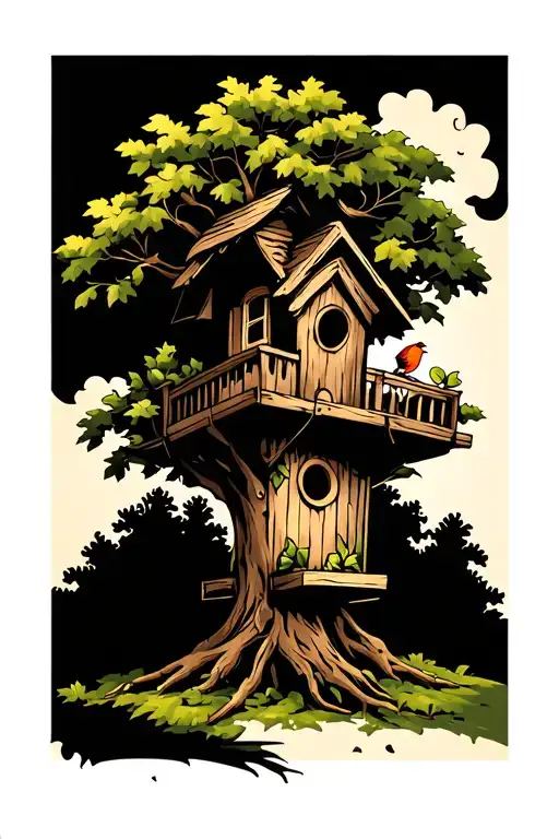 Neotraditional Oak Tree With Birdhouse