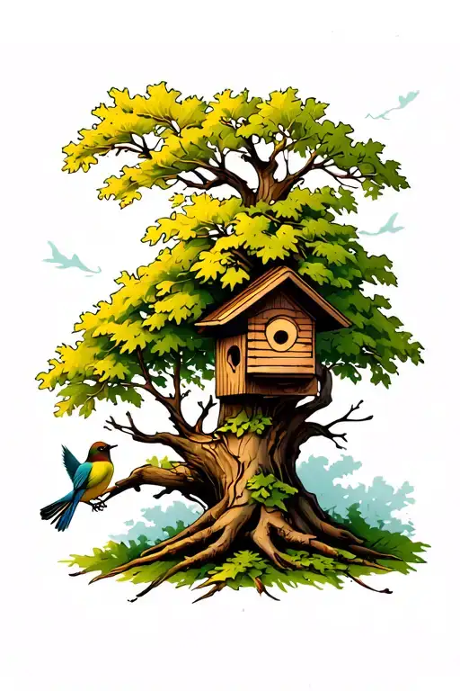 Oak Tree With Small Birdhouse