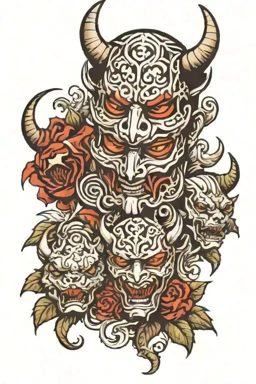 Omerta Tattoo With Oni Masks On Sleeve