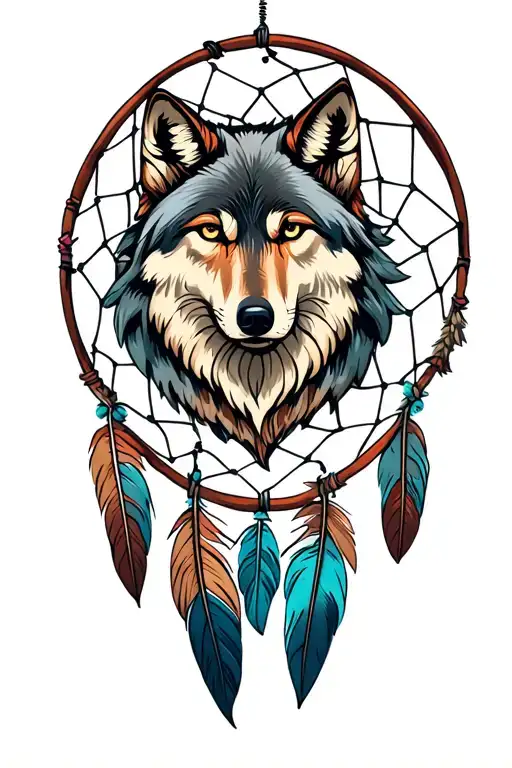 Wolf Dream Catcher With Feathers