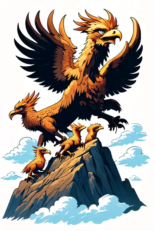 Adult Cartoon Griffin On A Mountain Protecting Three Child Griffins With Clouds In The Sky