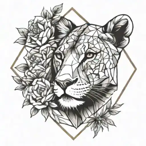 Lioness With Flowers Geometric Background