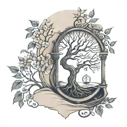 Tree Of Life Inside A Sand Clock In Upper Side A Old Clock