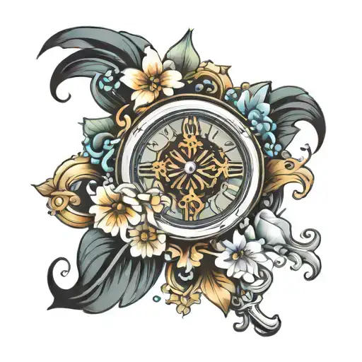 Chrome Cross With A Singular Flower With A Clock