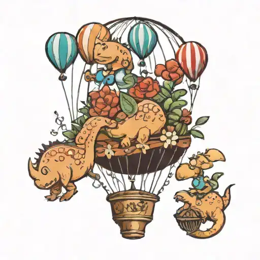 3 Small Flowers Held By Kiddie Dinosaur In Hot Air Balloon