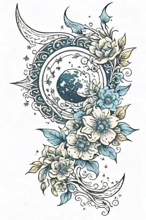 Moon Above A Blue Flowers And Stars