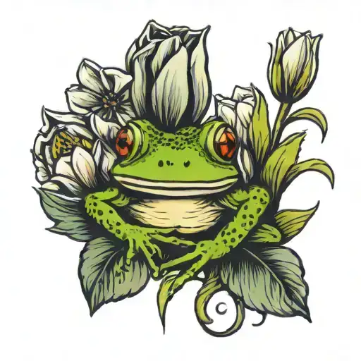 Frog With Tulips And An Offahore Aunset In The Background