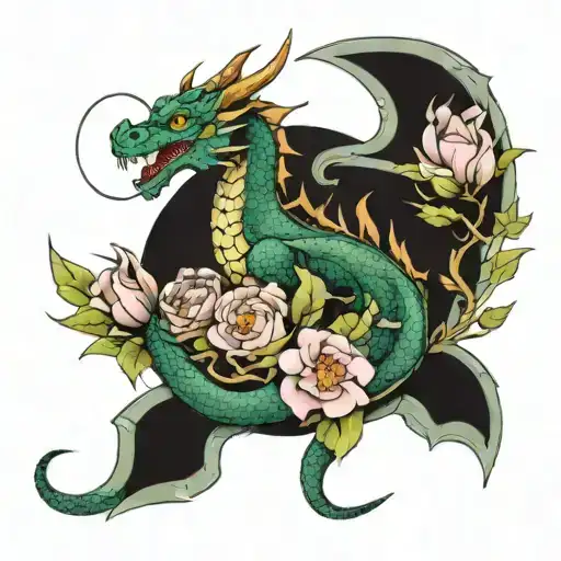 Dragon With Flowers Intertwined