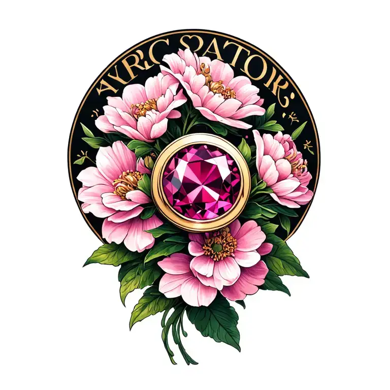 Pink Sapphire On White Gold In Front Of Pink Flowers