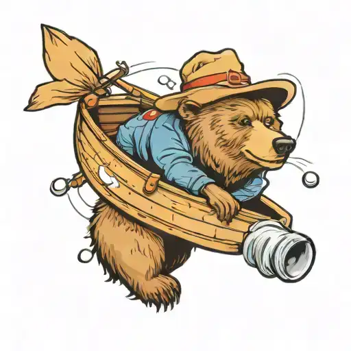 Bear Fishing In Small Boat With Canadian Mounties Hat