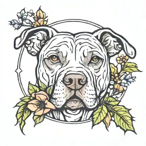 Pit Bull Dog Face Inside A Circle With Holly Flowers Beneath It