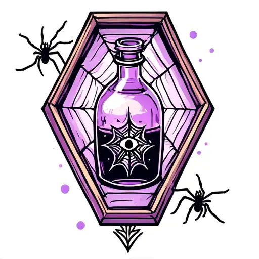 Coffin And Spider Web With A Potion Bottle