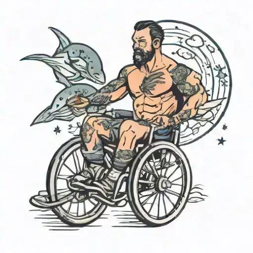 Muscular Man In A Wheelchair On The Moon Surrounded By Stars And Flying Fishes
