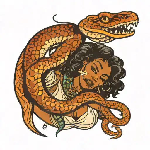 Black Woman Stabbing A Snake Slithering