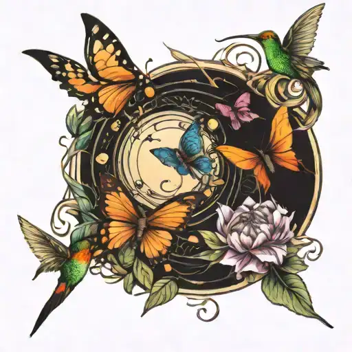 Butterflies And Hummingbirds Flying Around A Sun