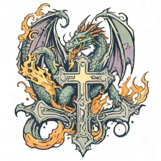 Smaller Dragon Blowing Fire Onto A Cross But Not Touching The Cross