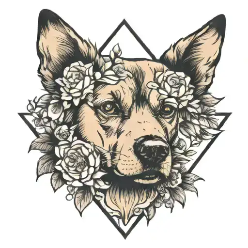 Dog Tattoo Framed In A Triangle Incorporating Flowers On One Side Of Face