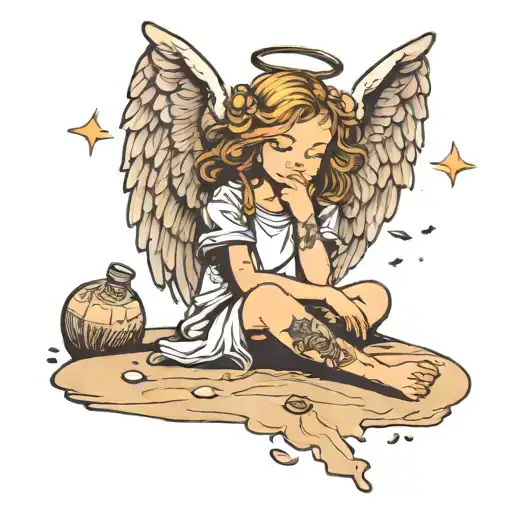 A Angel Sitting On The Beach With A Silhouette Of A Lil Girl