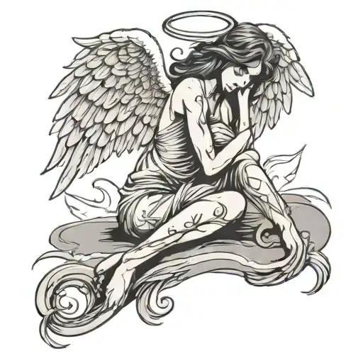 A Angel Sitting On The Beach Hugging With A Girl Silhouette