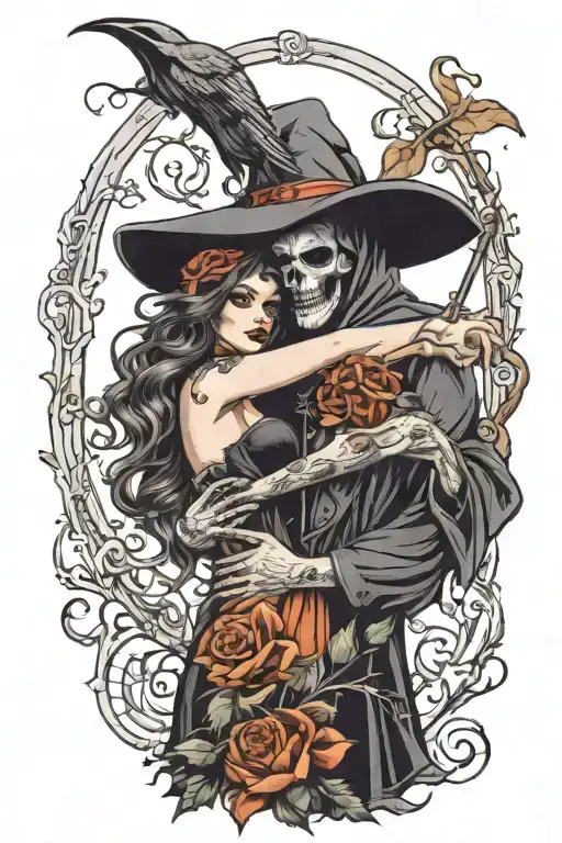 A Beautiful Witch Embracing A Handsome Reaper Holding A Bouquet