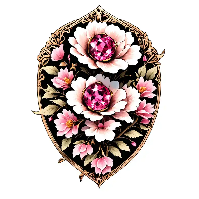 Pink Sapphire With White Gold With Pink Flowers In Background