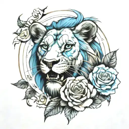A Lion Showing Its Teeth And Having Blue Eyes And Around It There Are 3 Roses And A Clock