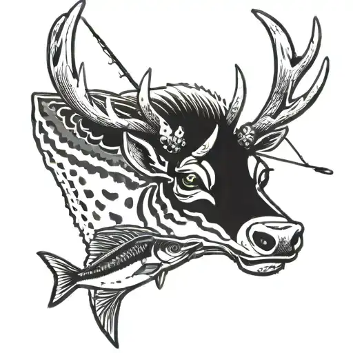A Black And White Tattoo Of A Buck Holding A Fishing Rod Catching A Tuna