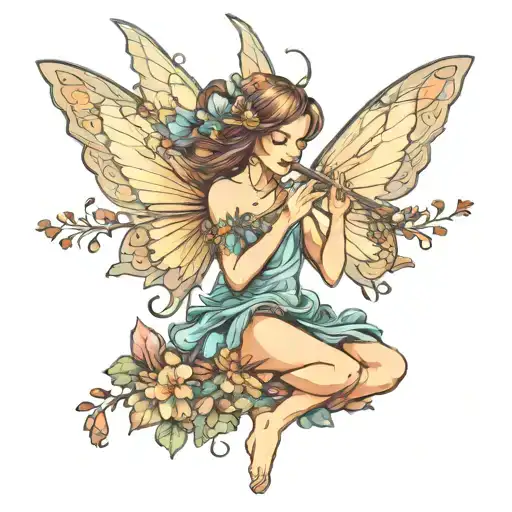 Sitting Fairy With Wings Blowing Flute Flowers Coming Out