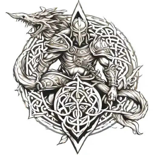Warrior With Dragons Tattoo Design Featuring Celtic Trinity Knot Tattoo Idea