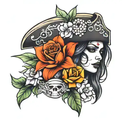 Female Pirate With Flowers Growing Tattoo Idea
