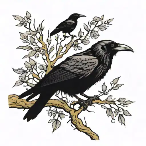 Raven On A Branch Watching Another Raven Dly Off