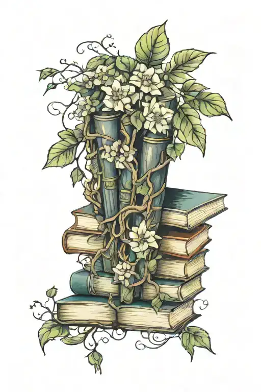 Books With Branches Of Ivy And Willow Tree And Flowers