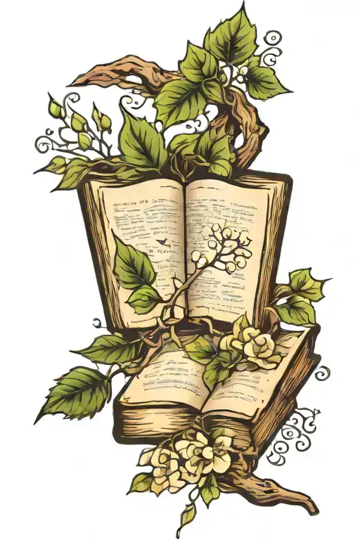 Opened Books With Branches Of Ivy And Willow Tree And Flowers