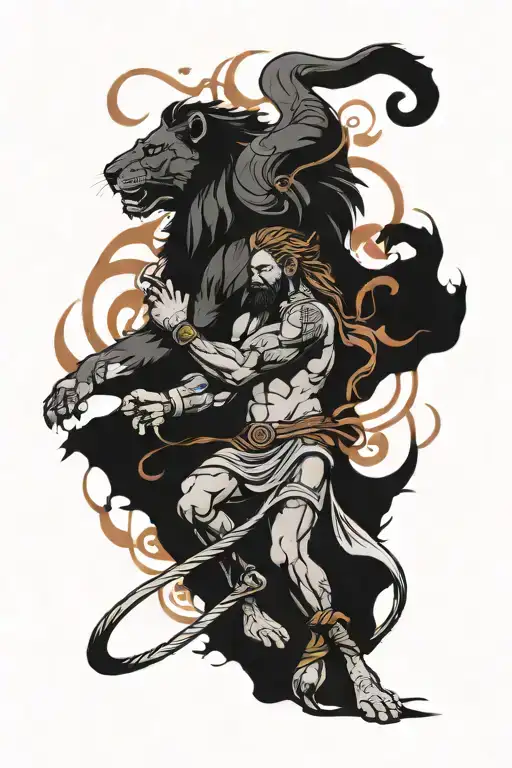 Sampson Fighting A Lion And Holding Pillars Slightly Crumbling