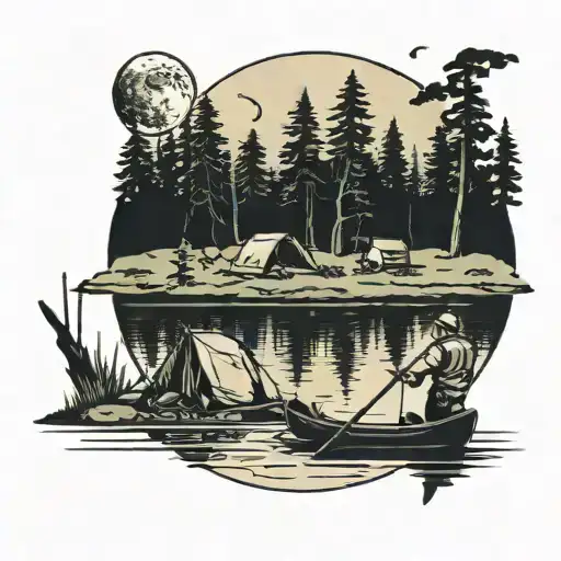 Man Fishing From Thr Moon Over A Camp Site By A Lake