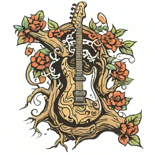 Electric Guitar Integrated In A Tree Trunk Symbolizing The Connection