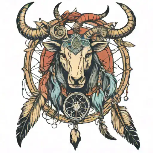 Capricorn Zodiac Sign And Dream Catcher With Feathers