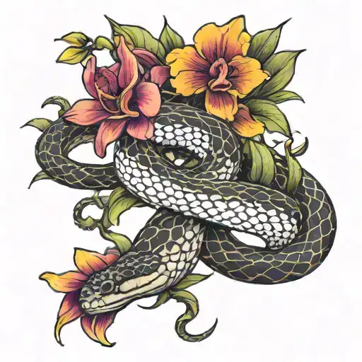 Snake And Orchids Blooming