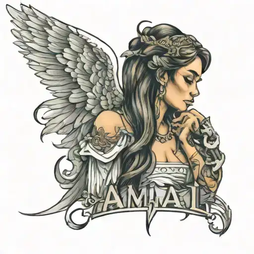 Female Angel Tatto On The Back And The Name Amal