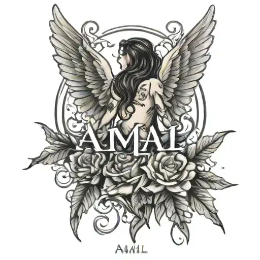 Angel Tatto On The Back And The Name Amal