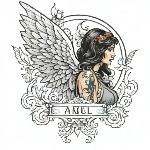 Angel Tatto Without Showing Its Gender On The Back And The Name Of Amal